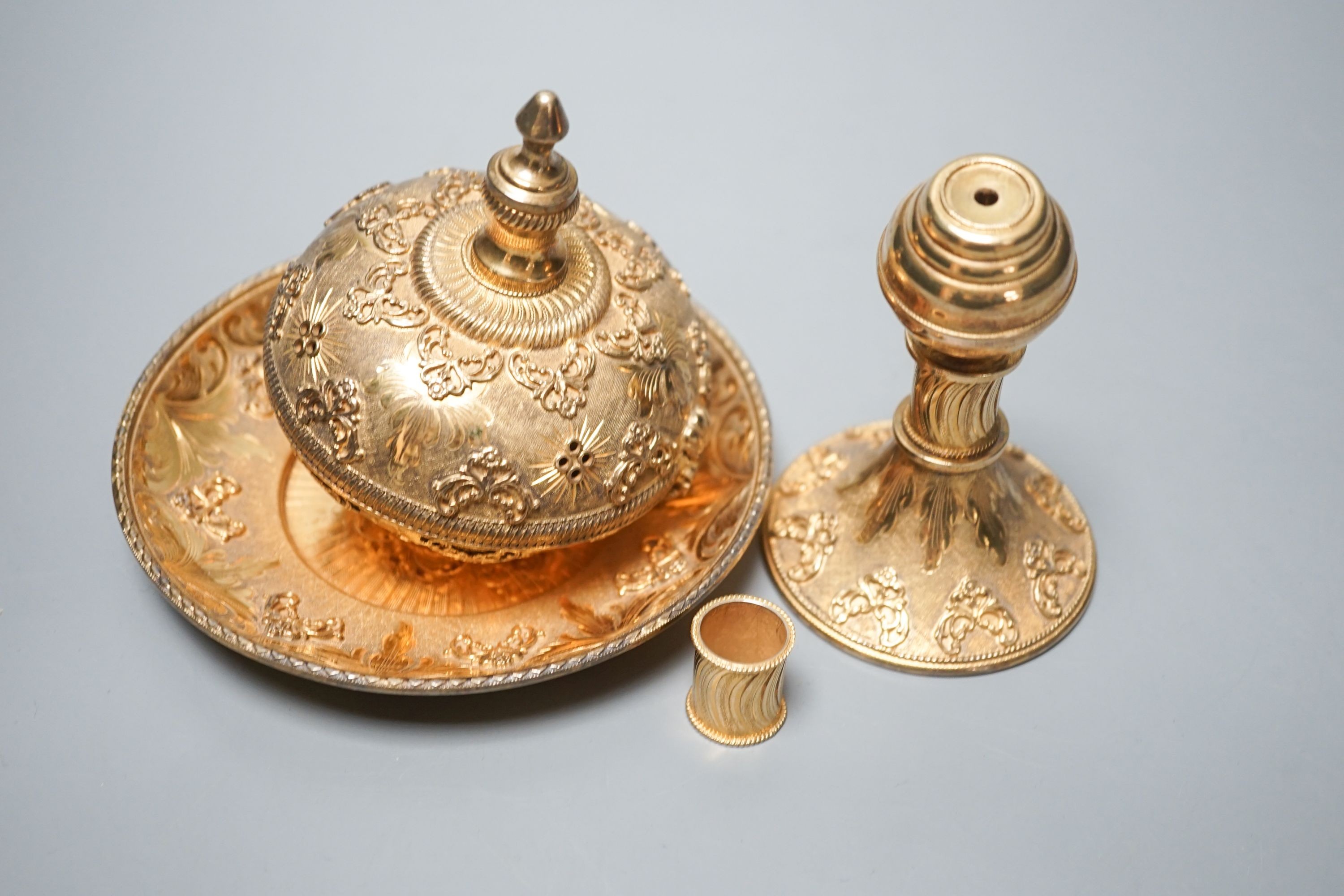 An ornate 20th century continental gilt white metal censer, stamped 925 (part of central stem missing).